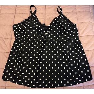 Cocos Swim Womens 28 Plus Black White Polka Dot Tankini Top Built In Bra Flowy